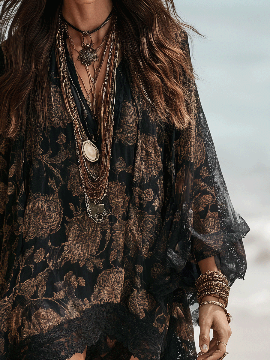 Bohemian Sheer Floral Lace Kaftan Mini Dress