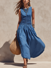 Elegant Ruched Waist Cotton Midi Dress In Classic Blue