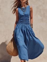 Elegant Ruched Waist Cotton Midi Dress In Classic Blue