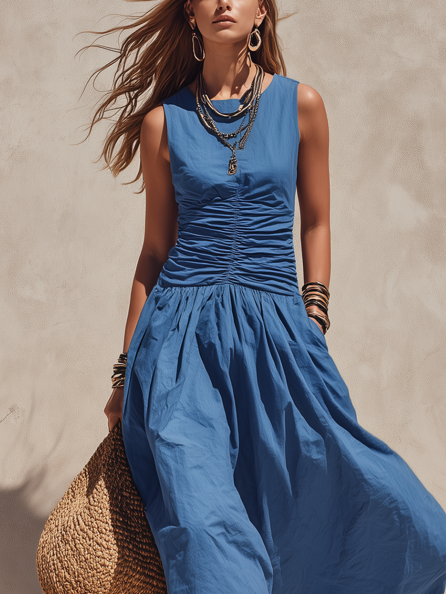 Elegant Ruched Waist Cotton Midi Dress In Classic Blue