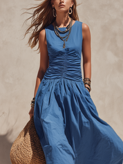 Elegant Ruched Waist Cotton Midi Dress In Classic Blue