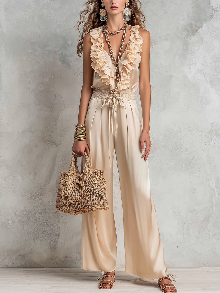 Resort-style Beige Satin Ruffled Jumpsuit