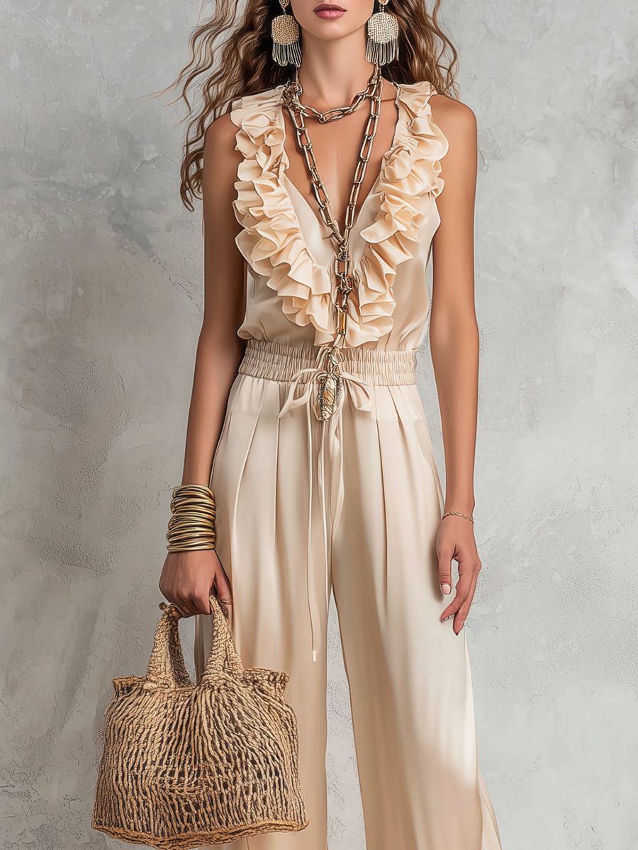 Resort-style Beige Satin Ruffled Jumpsuit