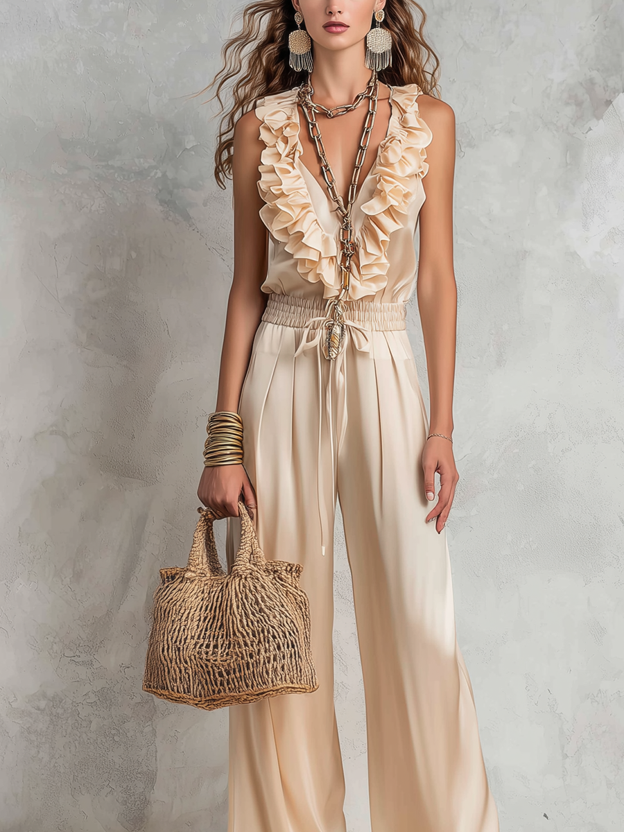 Resort-style Beige Satin Ruffled Jumpsuit