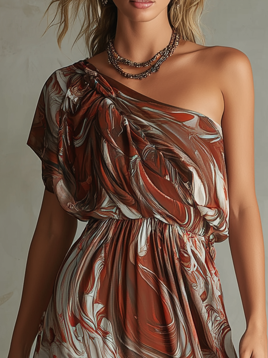Refined One-Shoulder Print Midi Dress
