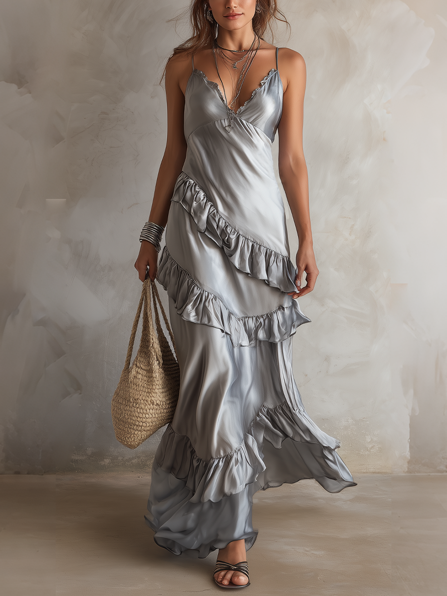 Elegant Silver Ruffle Trim Slip Maxi Dress