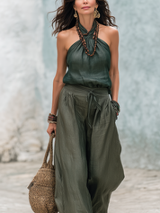 Bohemian Dark Green Linen Halter Top And Wide-leg Pants Suit