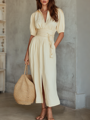 Soft Wrap Waist Puff Sleeve Midi Dress