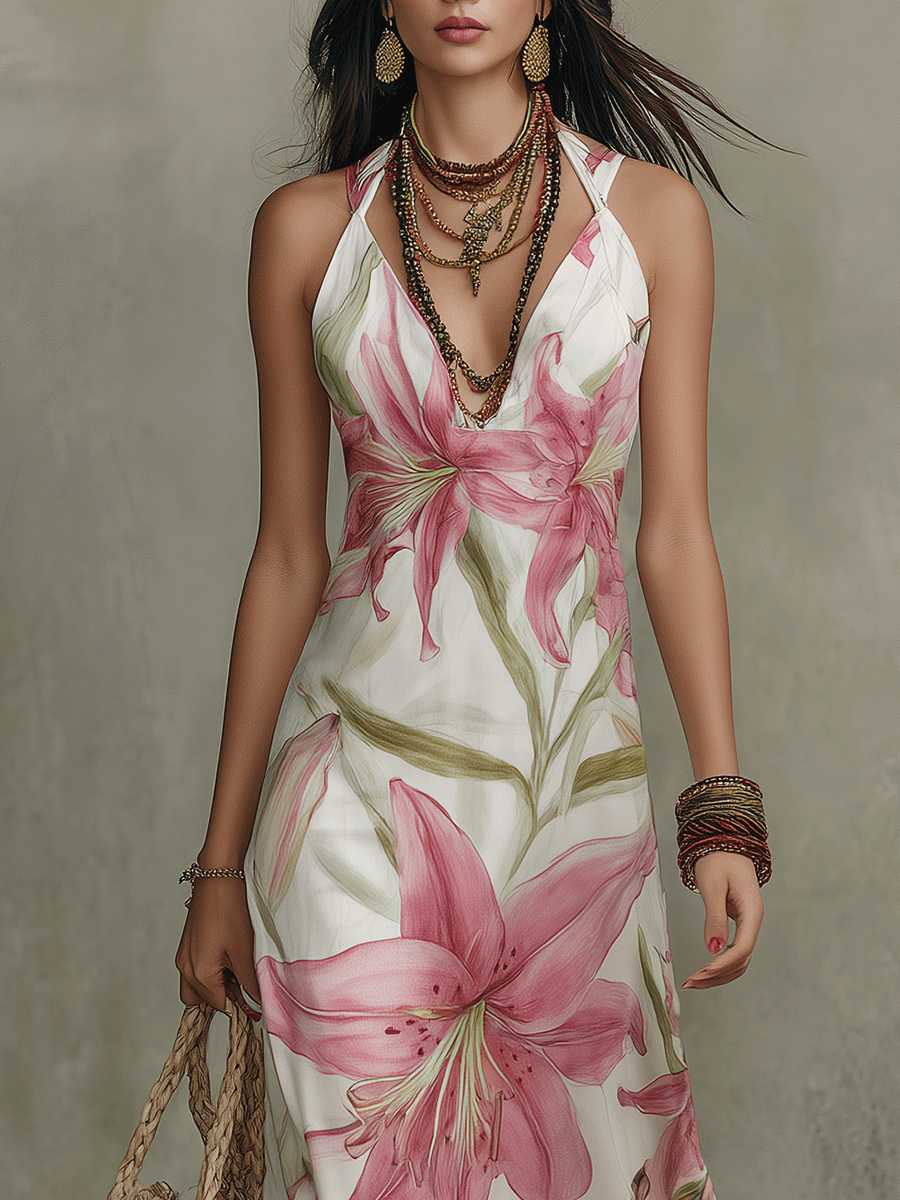 Elegant Boho Backless Floral Flowing Maxi Dress