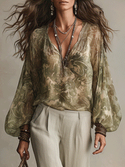 Elegant Sheer Botanical Blouse With Relaxed Tailored Pants Set