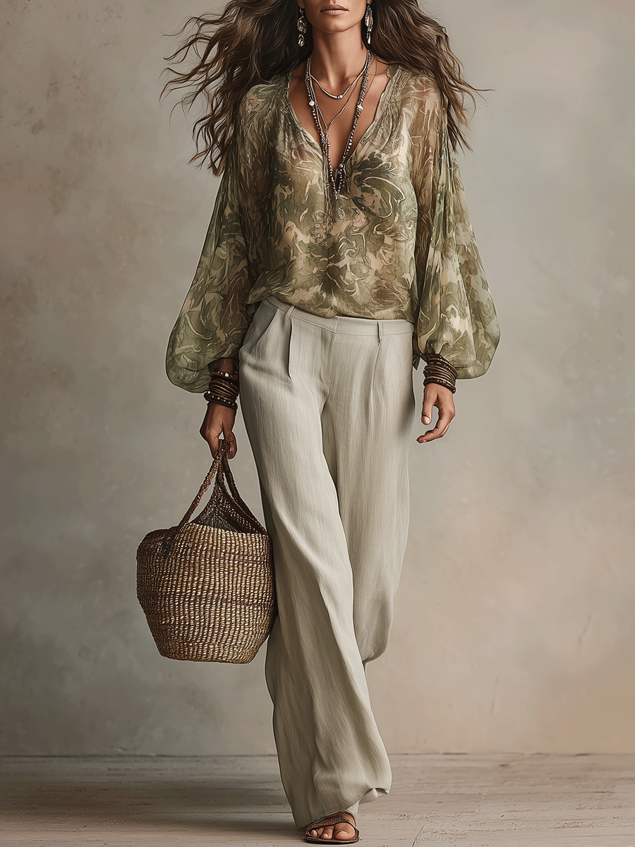 Elegant Sheer Botanical Blouse With Relaxed Tailored Pants Set