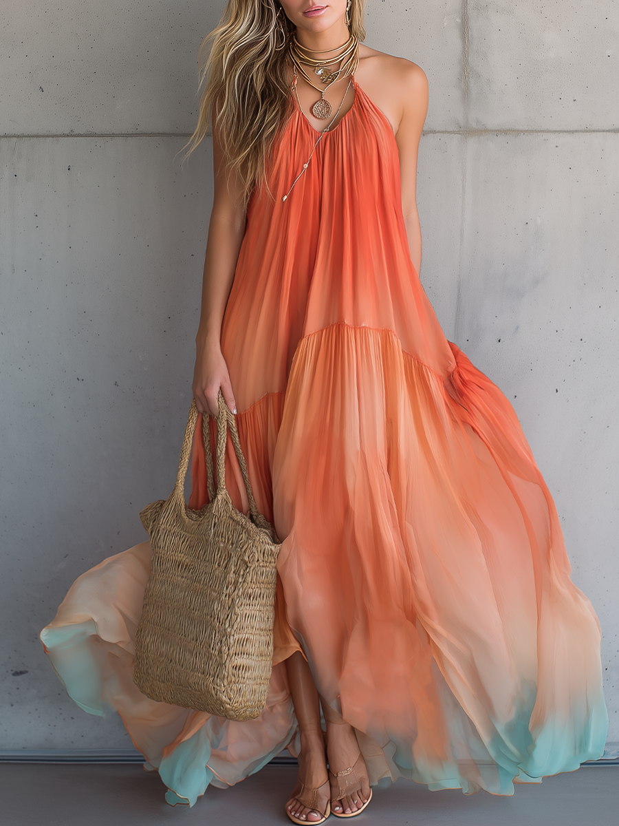 Flowy Ombre Chiffon Halter Maxi Dress