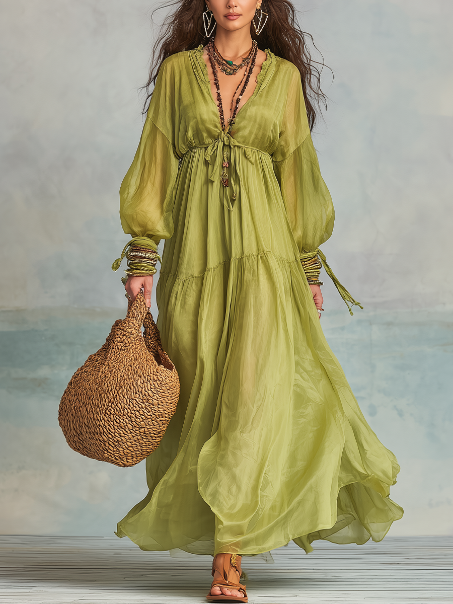 Olive Green V-neck Puff Sleeve Flowing Long Dress
