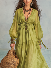 Olive Green V-neck Puff Sleeve Flowing Long Dress
