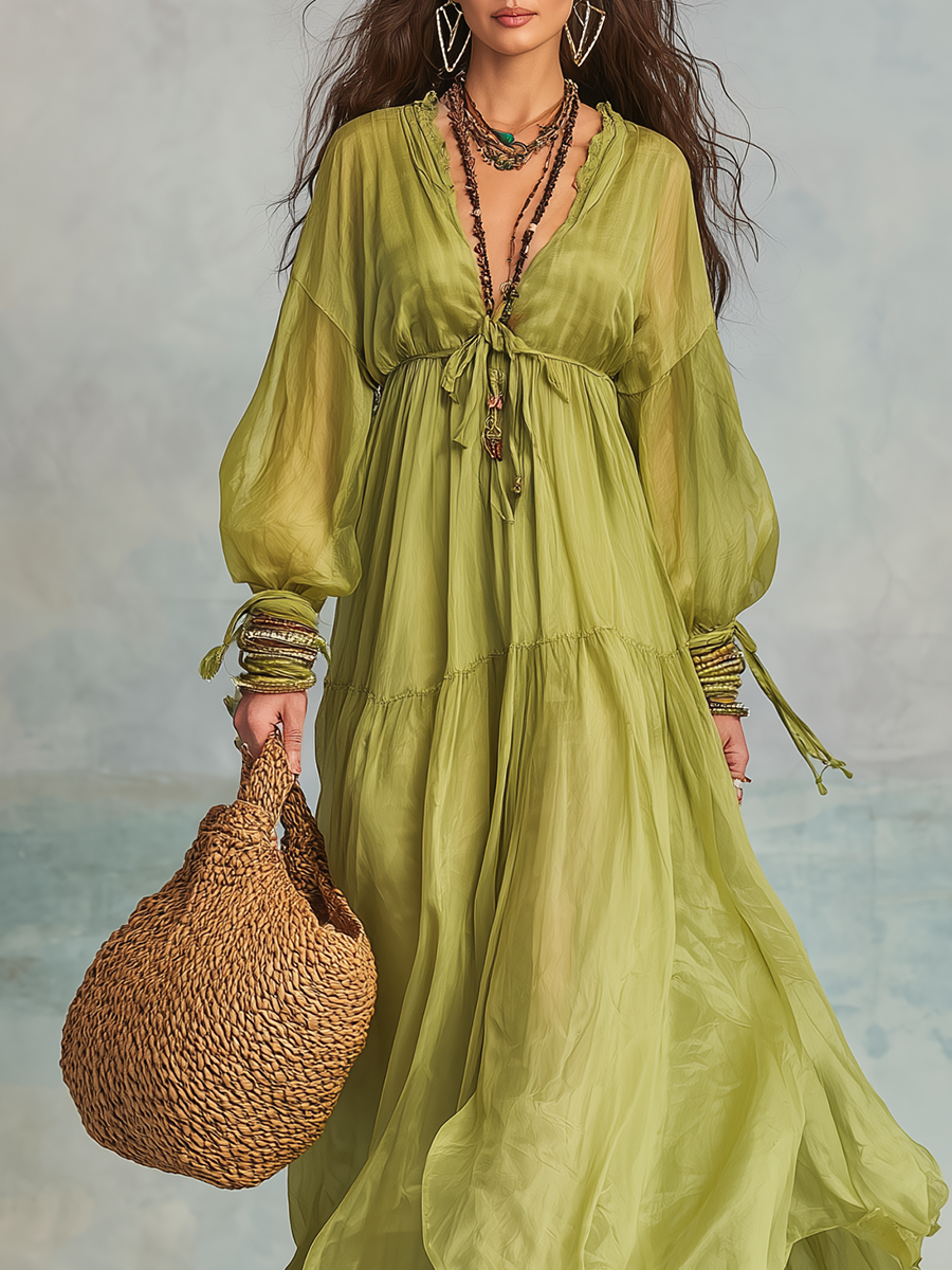 Olive Green V-neck Puff Sleeve Flowing Long Dress