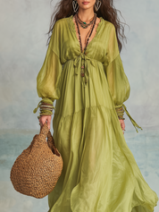 Olive Green V-neck Puff Sleeve Flowing Long Dress