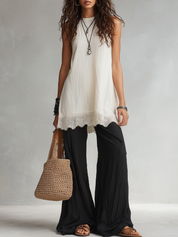 Refined Lace-Hem Sleeveless Tunic & Wide-Leg Pants Set
