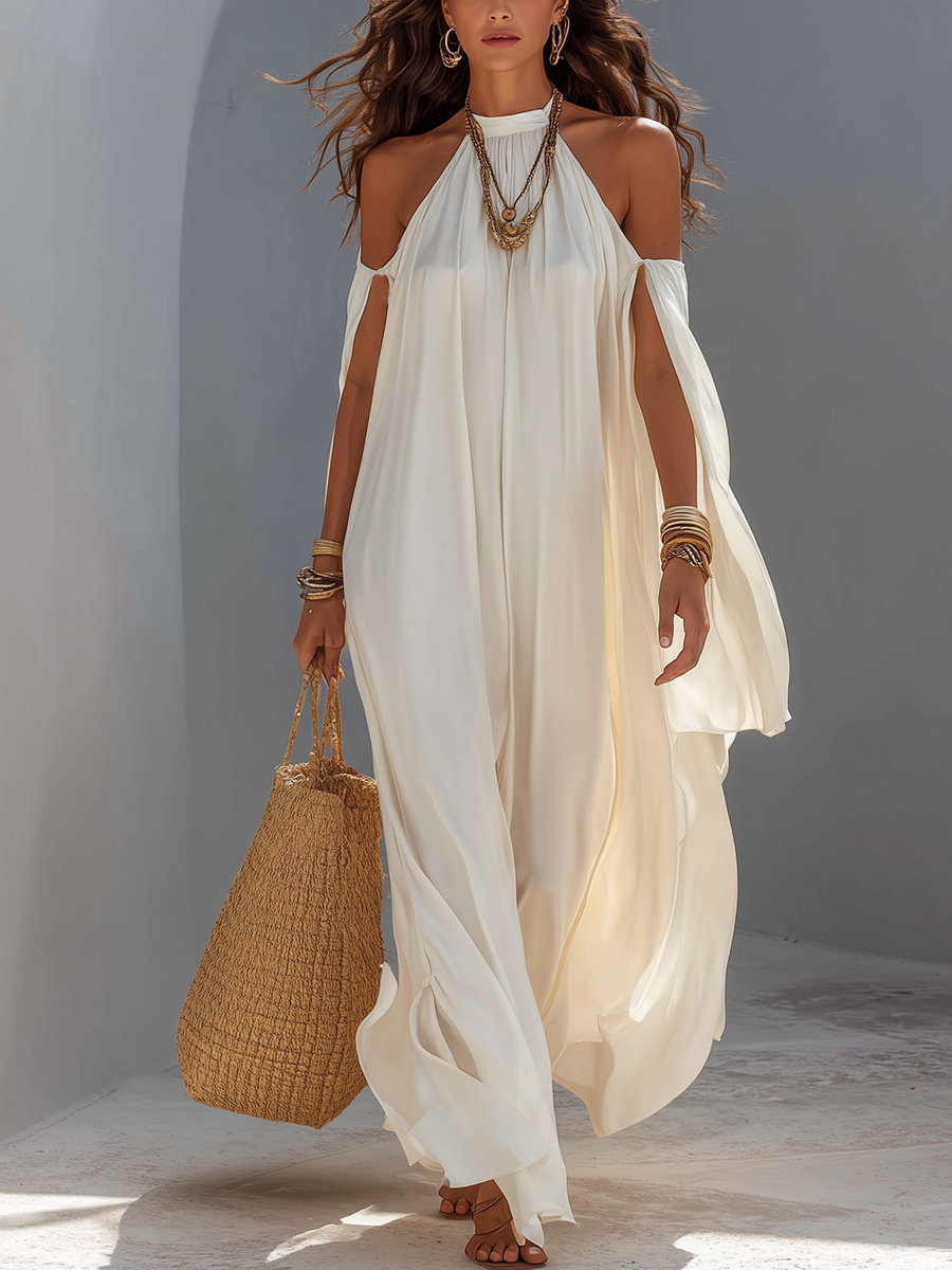 White Off-shoulder Cascading Maxi Dress For Vacation