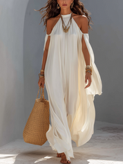 White Off-shoulder Cascading Maxi Dress For Vacation