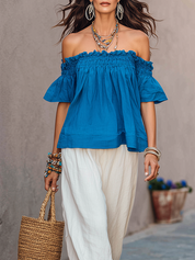 Casual Royal Blue Top And White Linen Wide-leg Pants Suit