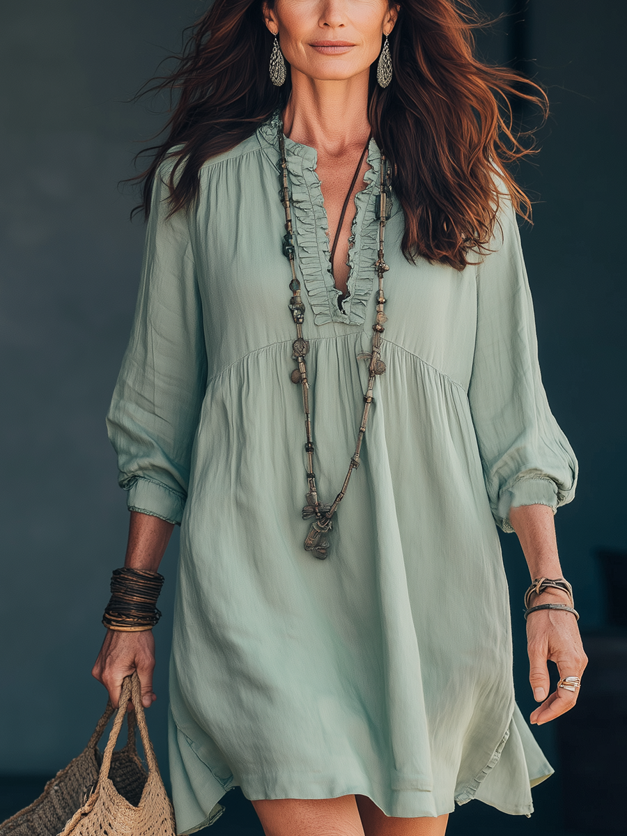 Mint Green Ruffled Lantern Sleeve Linen Dress