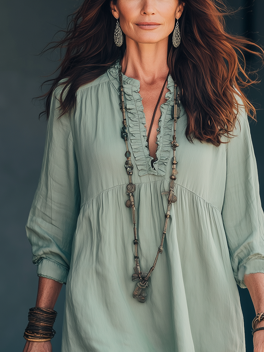 Mint Green Ruffled Lantern Sleeve Linen Dress