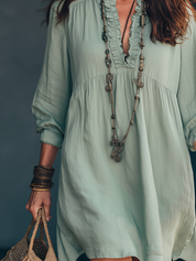 Mint Green Ruffled Lantern Sleeve Linen Dress