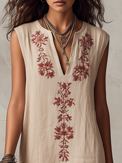 Refined Embroidered Linen Sleeveless Midi Dress