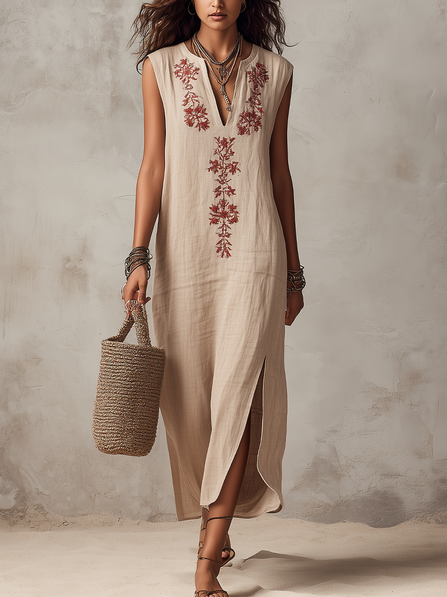 Refined Embroidered Linen Sleeveless Midi Dress