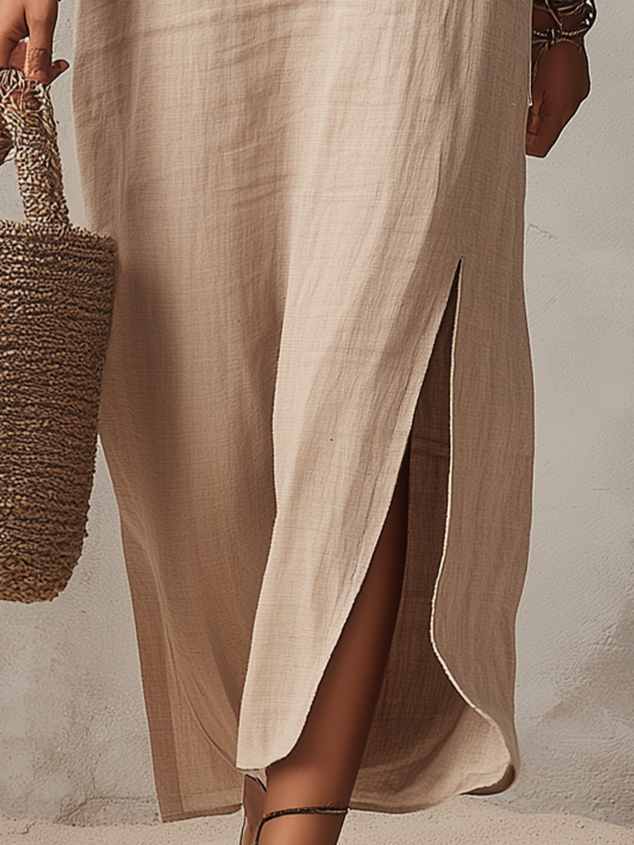 Refined Embroidered Linen Sleeveless Midi Dress