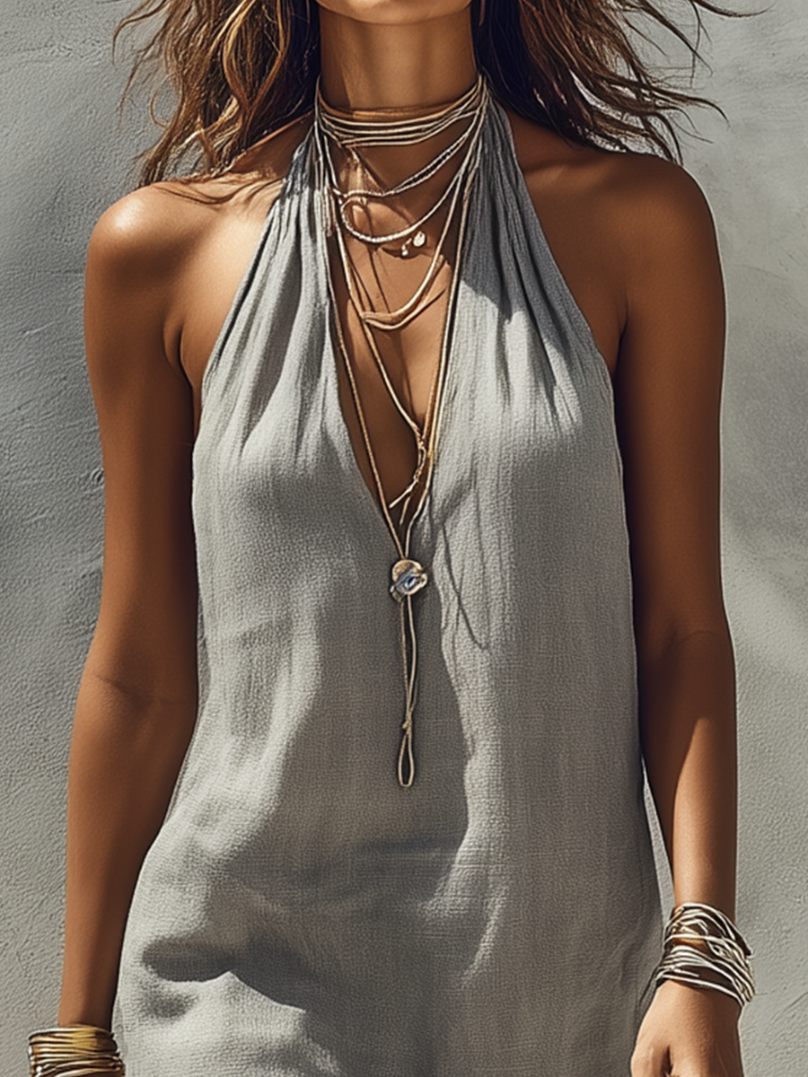 Relaxed Halter Neck Linen Midi Dress