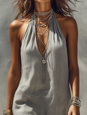 Relaxed Halter Neck Linen Midi Dress