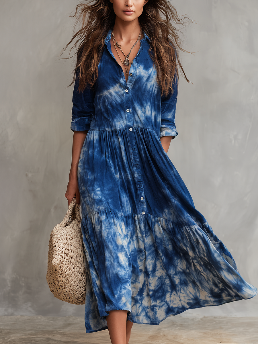 Relaxed Tie-Dye Button-Front Midi Dress