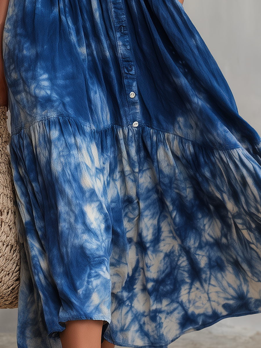 Relaxed Tie-Dye Button-Front Midi Dress