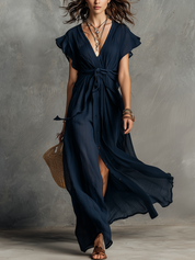 Fluid V-Neck Waist-Tie Maxi Dress