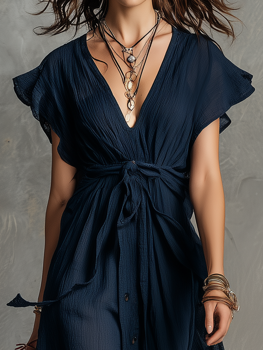 Fluid V-Neck Waist-Tie Maxi Dress
