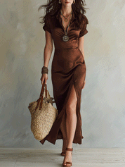 Elegant V-Neck Collar Mocha Satin Slim Fit Midi Dress