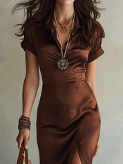 Elegant V-Neck Collar Mocha Satin Slim Fit Midi Dress