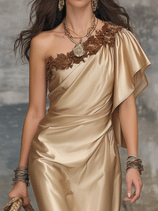 Elegant Champagne Gold One-Shoulder Satin Midi Dress