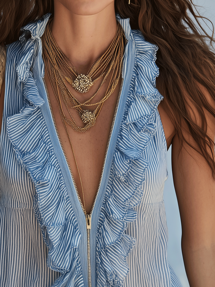 Summer Lightweight Bohemian Striped Ruffle Top