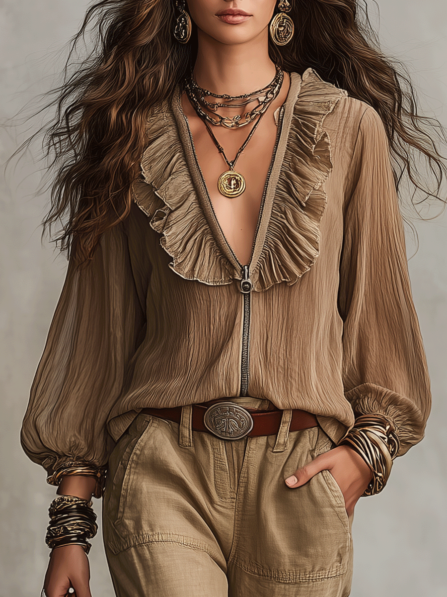 Soft Bohemian Ruffle Warm Brown With Relaxed Fit Blouse
