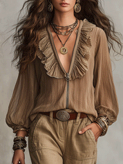 Soft Bohemian Ruffle Warm Brown With Relaxed Fit Blouse