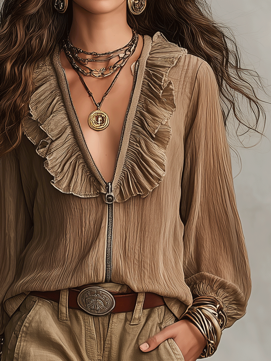 Soft Bohemian Ruffle Warm Brown With Relaxed Fit Blouse