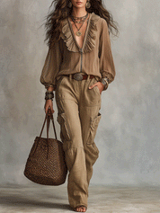 Soft Bohemian Ruffle Warm Brown With Relaxed Fit Blouse