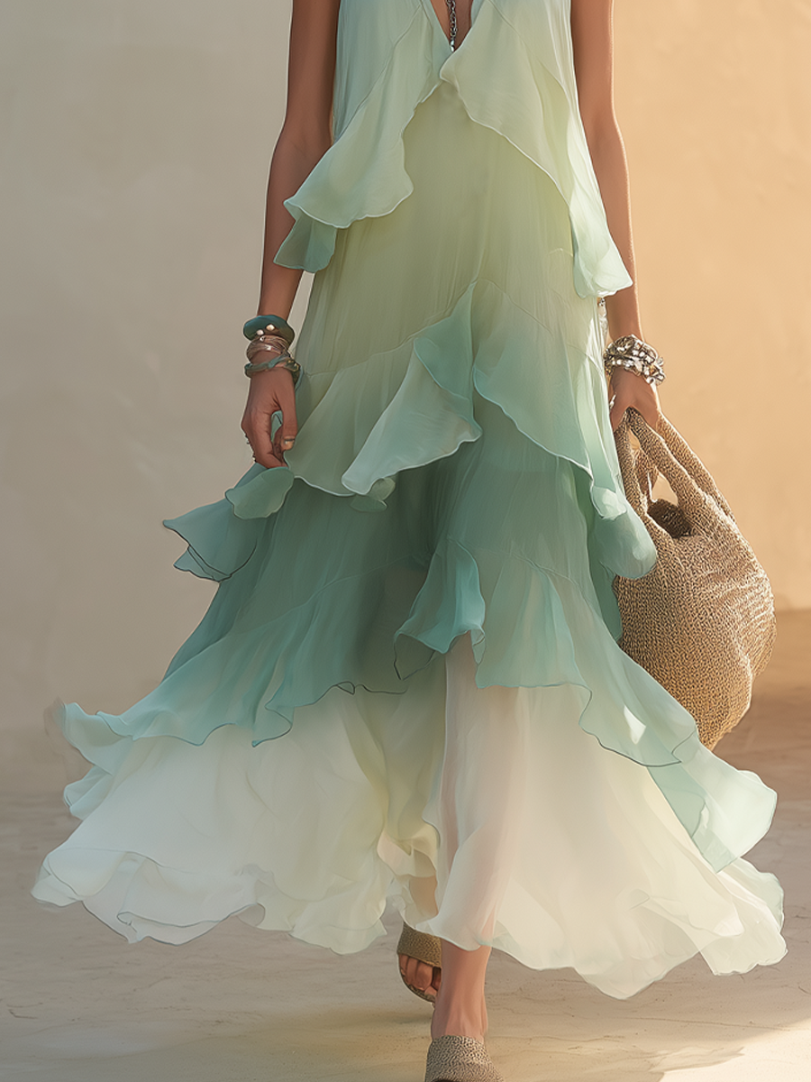 Ethereal Gradient Chiffon Halter Ruffle Maxi Dress