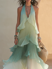 Ethereal Gradient Chiffon Halter Ruffle Maxi Dress