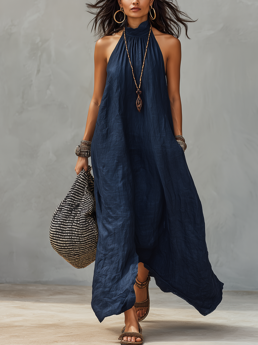 Midnight Blue Linen Halter Dress