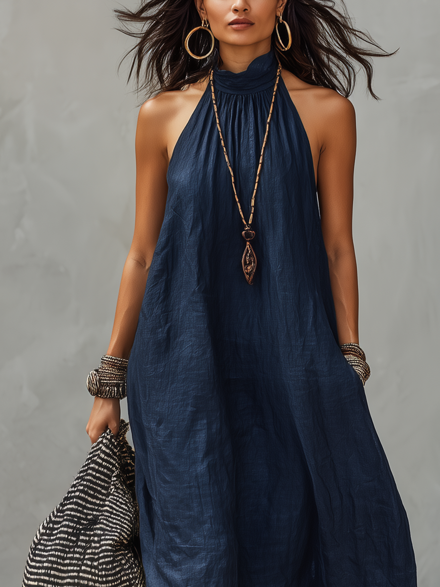 Midnight Blue Linen Halter Dress