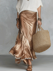 Chic Champagne Ivory Boho Knit Top & Satin Maxi Skirt Set