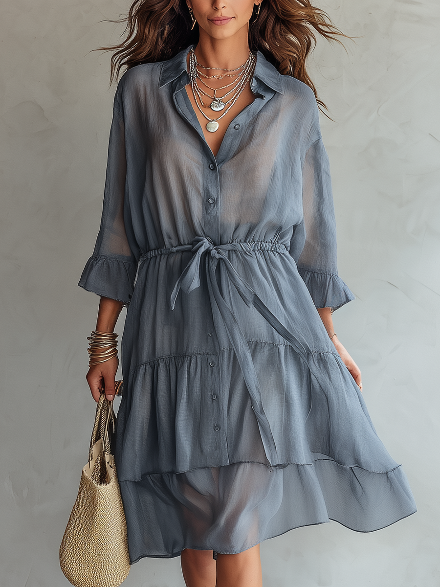 Sheer Layered Tie-Waist Midi Dress